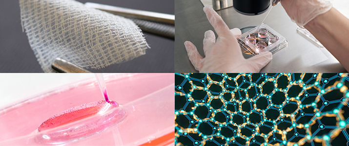 Four images combined in one banner. The top left image is a piece of gauze held by tweezers, the top right image is a pair of gloved hands pipetting into a dish under a microscope, the bottom left is an image of a pink bubble in a petri dish, and the bottom right image is a net of glowing green and yellow hexagons