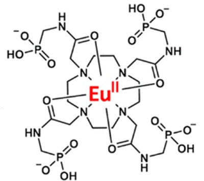 Image of the chemical structure of the Eu compound, it has a red Eu in the middle with black lines and atoms surrounding it