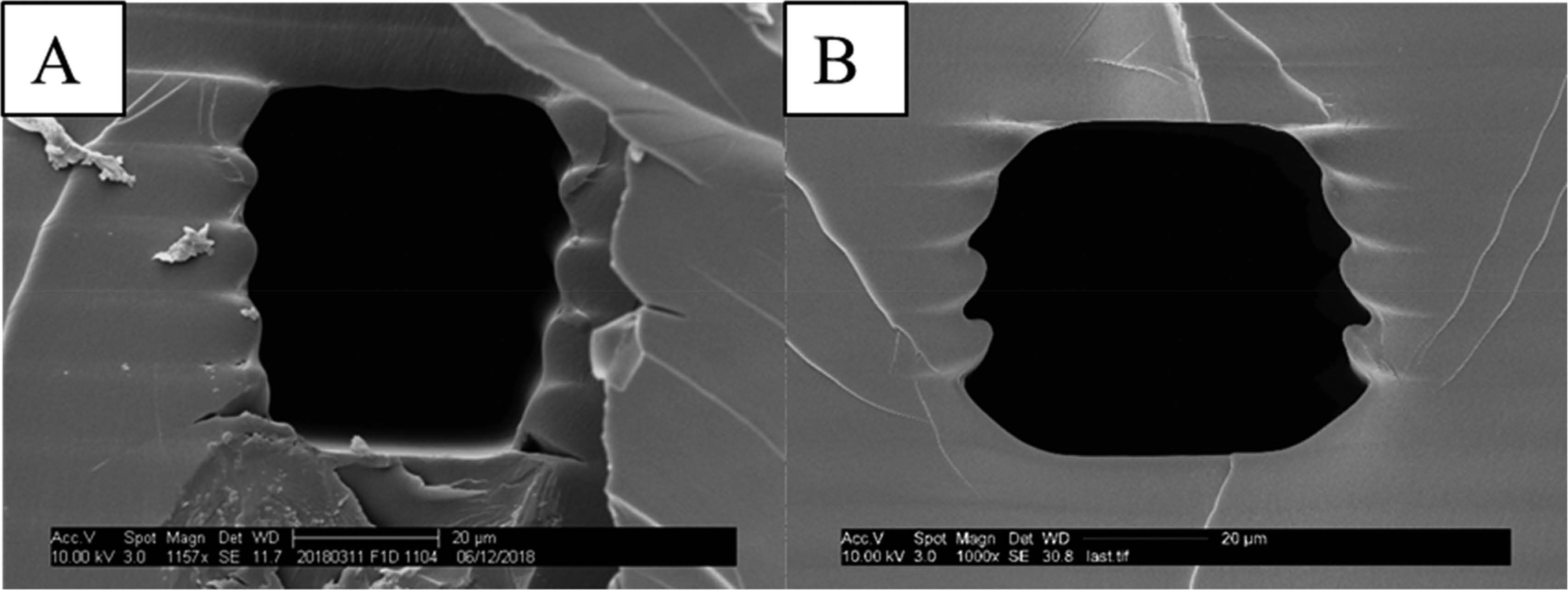 The photo shows two electron microscope images of channels, one very symmetrical and clean, the other rougher and not symmetrical