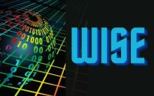 Futuristic text that reads "WISE" on a background that includes a grid and numbers