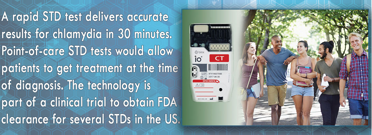 students walking and a close up view of a STD test cartridge