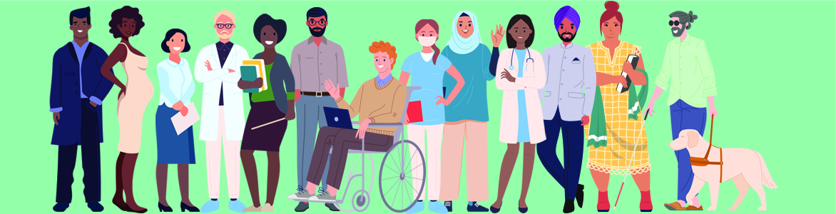 illustration of people of different races, ethnicity, age, people with guide dog and people in wheel chairs