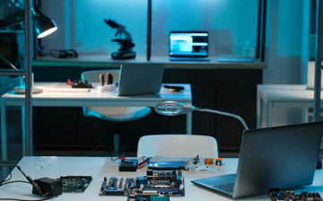 Workplace of repairman or technician with laptop, magnifying-glass, repairing equipment and hardware on desk in laboratory