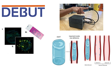 An image with the DEBUT logo, a photo the EquinOx, the POCAS:TB slide, and a diagram of the EMIT device