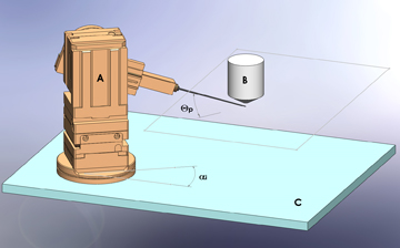 A computer generated diagram of an orange device and white cylinder 