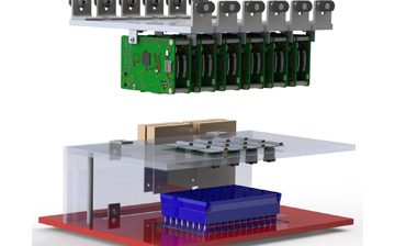 A computer generated image of a device holding multiple circuit boards