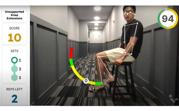 A photo of a man doing lifting his leg with computer generated data overlaid showing his posture, how far he can lift his leg and other important information