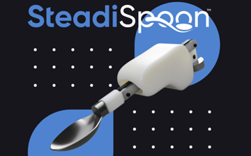 Image of the SteadiSpoon with blue and white SteadiSpoon text