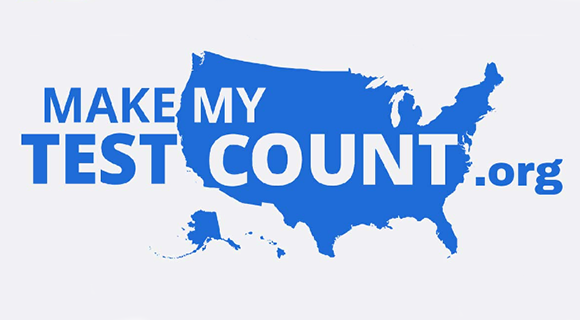Light blue map of the United States overlayed with Make My Test Count.org