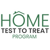 Text that reads Home Test to Treat Program, Powered By eMed. Above the “o” in “Home,” there is a simple illustration of a roof and chimney. 
