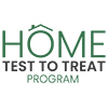 Text that reads Home Test to Treat Program, Powered By eMed. Above the “o” in “Home,” there is a simple illustration of a roof and chimney.