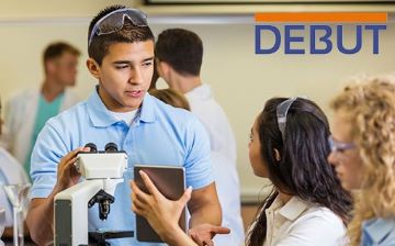 Undergraduate students working together in a lab. The DEBUT identity appears in the upper right.