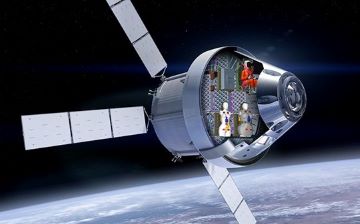 Artistic rendering of Artemis I module with human tissue phantoms