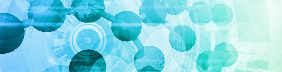 A spiral of large blue spheres on top of a blue-green transparent background