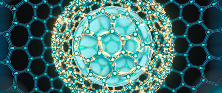 Image of computer generated atoms and a blue orb