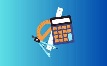 A graphic image of a ruler, calculator, and compass on a color gradient