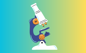A graphic of a microscope with a color gradient background