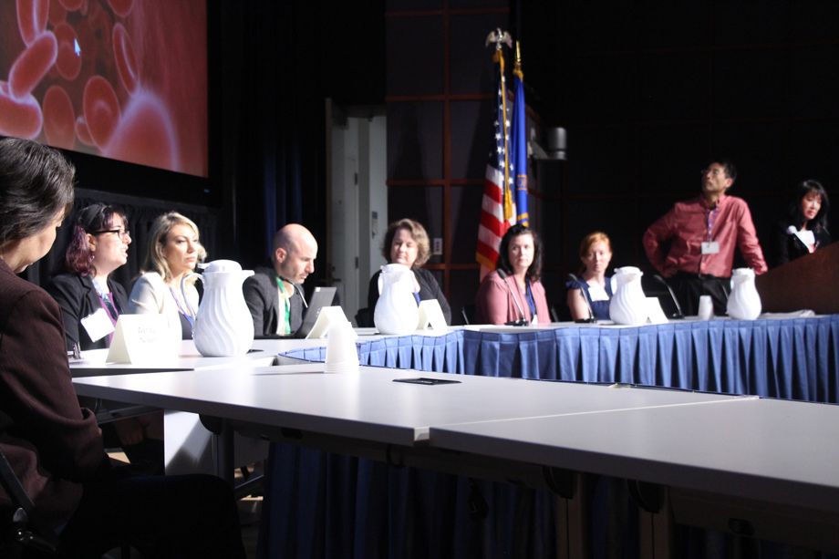 IMAG Roundtable discussion of current IMAG initiatives. IMAG members from left, Zhilan Feng, NSF; Ilana Goldberg, NHLBI; Emrin Horgusluoglu, NCCIH; Fred Leve, Air Force Office of Scientific Research; Virginia Pasour, Army Research Laboratory; Stephanie George, NSF; Elena Sizikova, FDA; Bruce Lee, CUNY (MSM co-organizer); and Grace Peng, NIBIB.