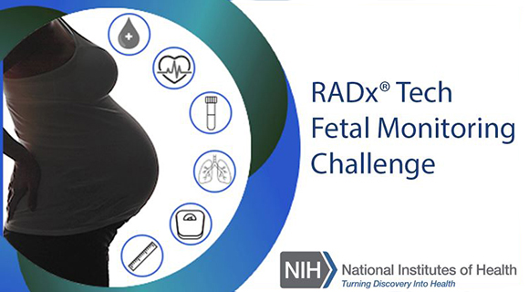 Illustration of pregnant person with health icons of health parameters surrounding body.  NIH logo on the right with text that reads RADx Tech Fetal Monitoring Challenge.