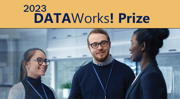 three people in conversation and a banner that reads 2023 DATAWorks! Prize