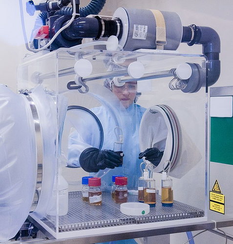 a worker sterilizes equipment in an isolator