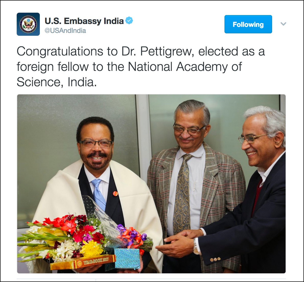 Image of a tweet from the U.S. Embassy in India with Dr. Pettigrew, NIBIB Director being inducted into Academy of Sciences, India.