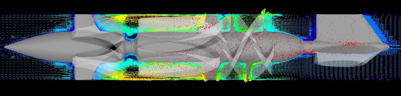 This is a freeze frame of the device thrombogenecity emulator. It shows areas of the pump that are high velocity and likely to cause platelet activation.