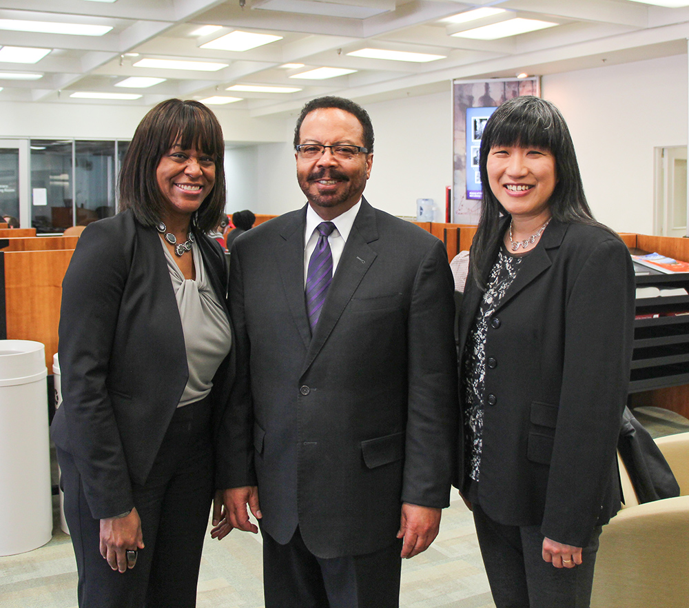 Pictured following the Wednesday Afternoon Lecture are, from left, guest speaker Carla Pugh; Roderic I. Pettigrew, NIBIB director; and Grace Peng, director of the NIBIB program in computational modeling, simulation and analysis.
