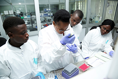 four researchers in white coats 