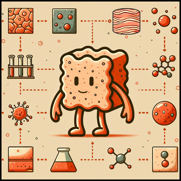 A cartoon of a square object with wavy edges and arms and legs. Around the boarder there is a series of scientific icons such as a flask, vials, and molecules.
