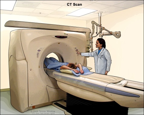 This is an illustration of a patient moving into the bore of a CT scanner.