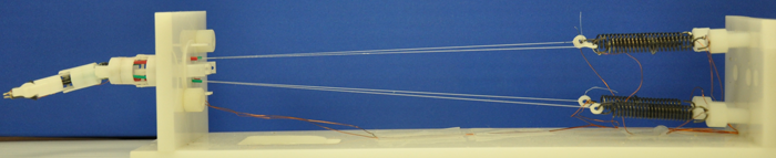 This is an image of the current minimally invasive neurosurgical robot prototype. The robot is now controlled by a pulley system using shape memory alloy springs