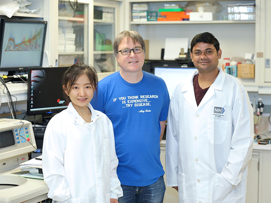 Joy Zhao, Ph.D., Peter Schuck, Ph.D. (Lab PI), Sumit Chaturvedi, Ph.D. Photo credit C. Chang for NIBIB
