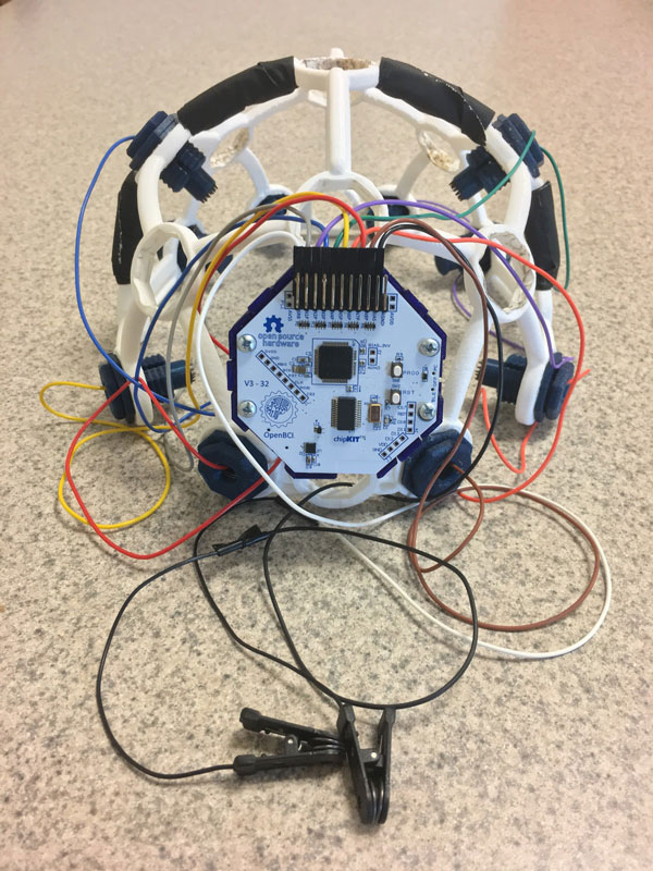 A prototype EEG device that uses an Ultracortex headset by OpenBCI and is designed to help diagnose Alzheimer's disease. Credit: University of Maryland, College Park