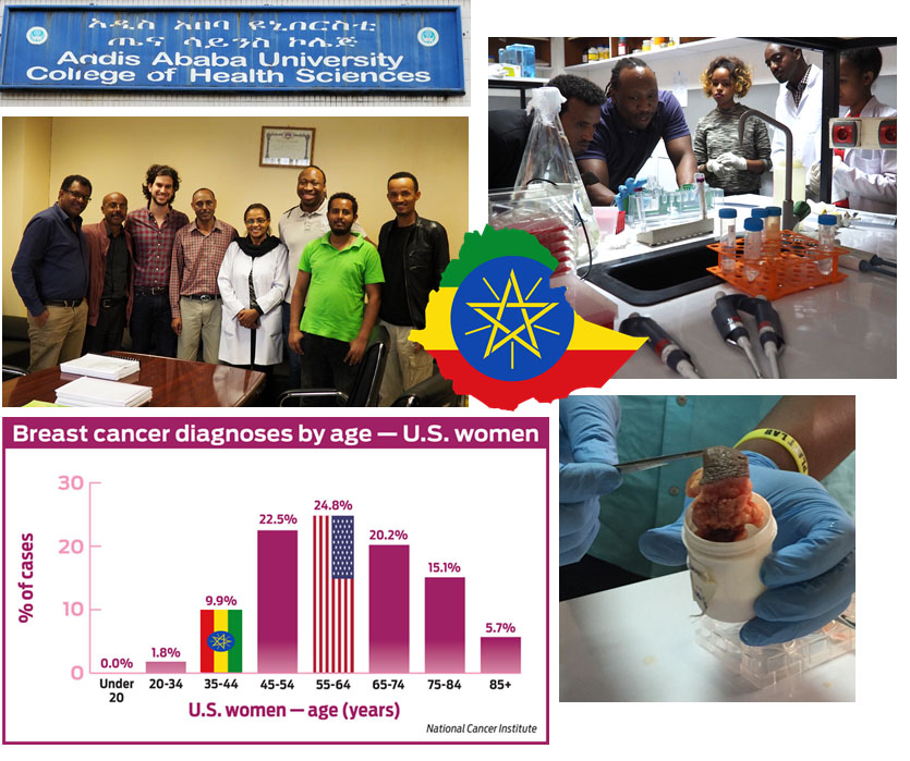 A collage of images with a photo of eight people posing for a photo at the top left, five people huddled around a lab bench at the top right, a bar graph of breast cancer diagnoses by age in the U.S. at the bottom left, and a gloved hand holding a tissue sample with tweezers in the bottom right. A graphic in the shape of the country of Ethiopia, filled in with the Ethiopian flag, is in the middle. 