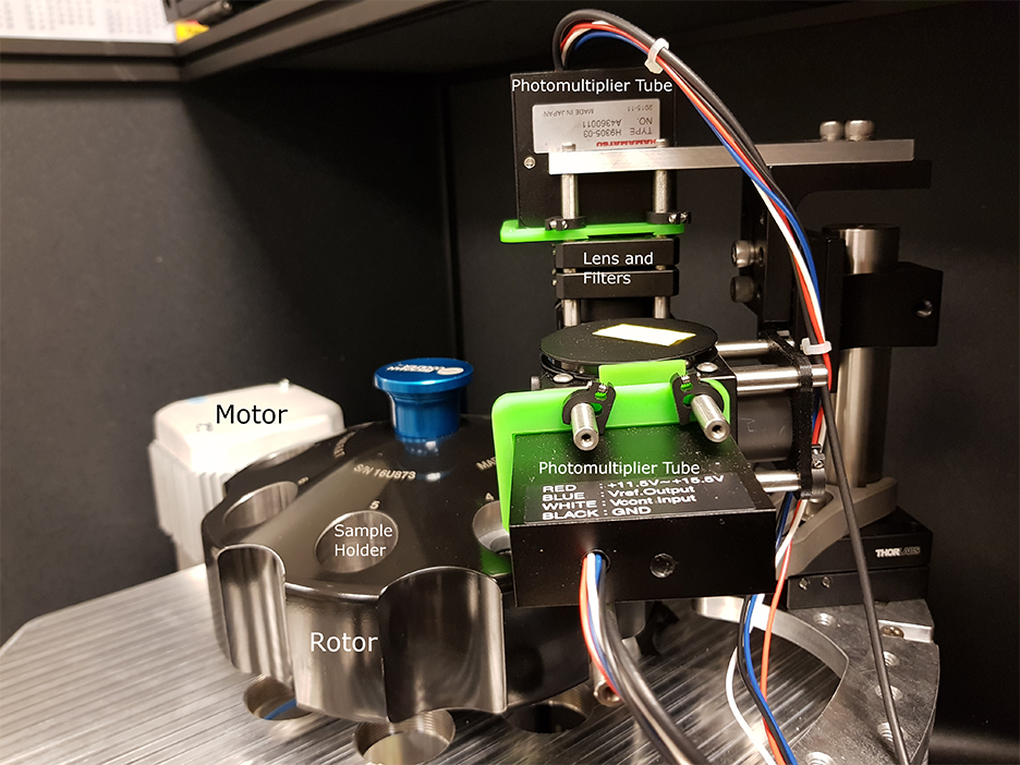 A photo of the centrifugation device with wires, a rotor, a motor, and the lens and filters