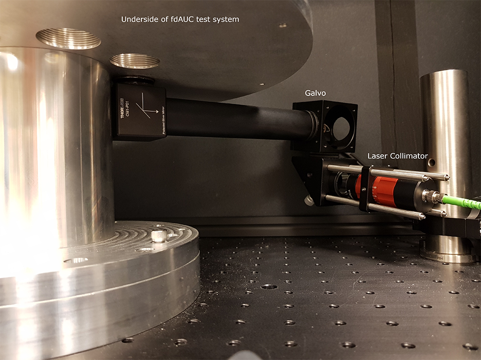 A photo of the underside of the AUC test system with the Laser Collimator