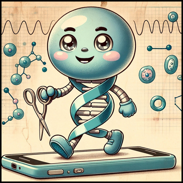 A cartoon character of DNA with a large round head walking on a cell phone and carrying a pair of scissors with drawings of light waves and molecules behind it