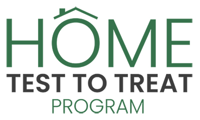 Text that reads Home Test to Treat Program, Powered By eMed. Above the “o” in “Home,” there is a simple illustration of a roof and chimney. 