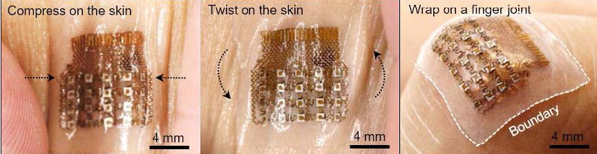 Flexible patch compresses, twists, and wraps on skin.