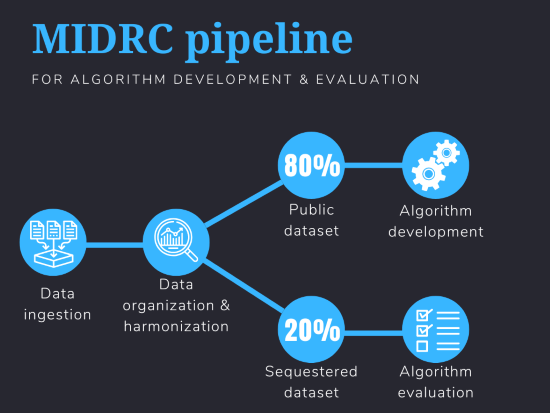 MIDRC pipeline: Following data ingestion and data organization and harmonization, 80% of the data goes to the public dataset which is used to develop algorithms, while 20% of the data goes to the sequestered dataset which is used to evaluate algorithms