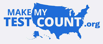 Light blue map of the United States overlayed with Make My Test Count.org