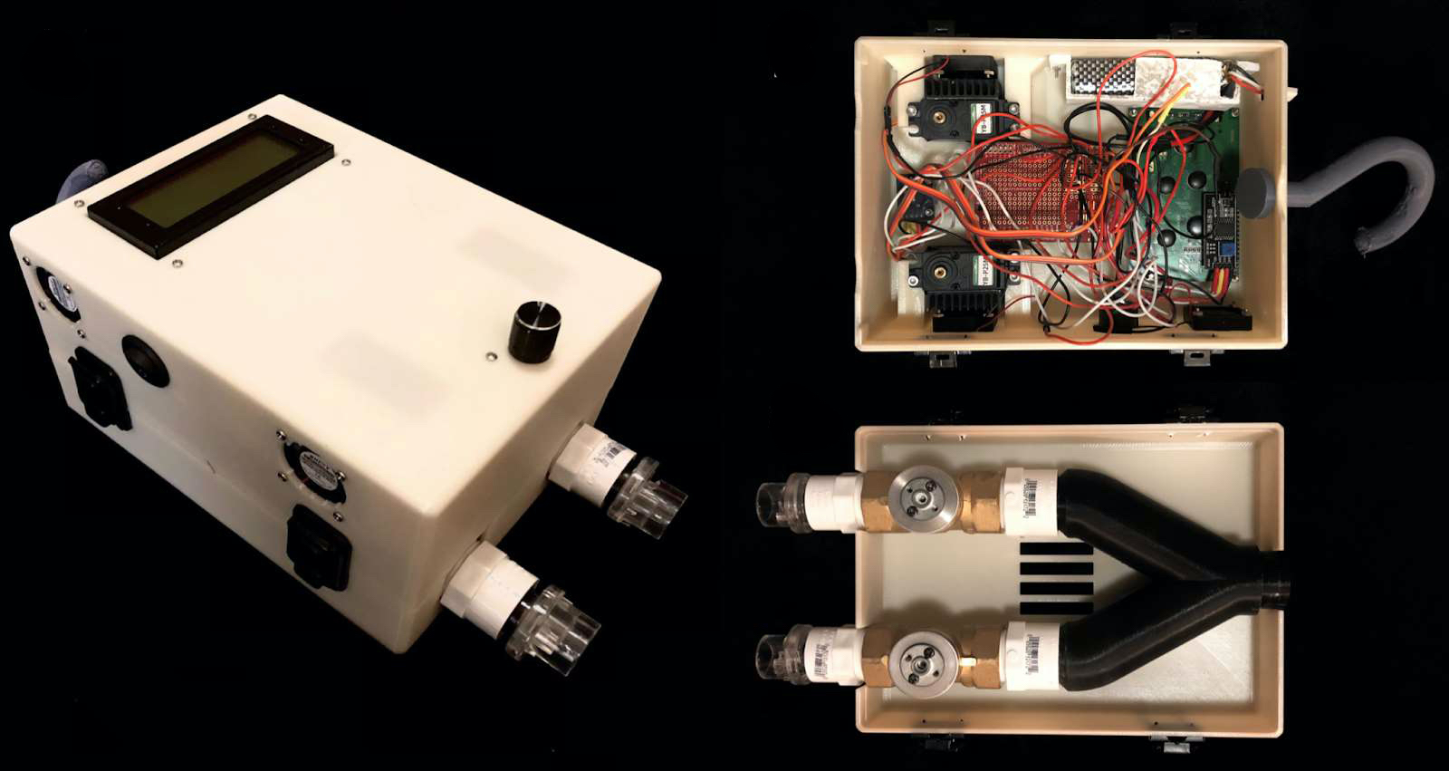 A photo of, on the left, the exterior of the finished Eucovent prototype and, on the right an opened device on the right that shows the internal electronic components, including motors, battery, microcontroller, LCD screen, cooling hardware, splitter, ball valves to control resistance, PVC connectors, and unidirectional valves to prevent backflow of air.
