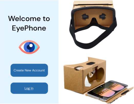 Image of the EyePhone app screen and the cardboard VR headset.