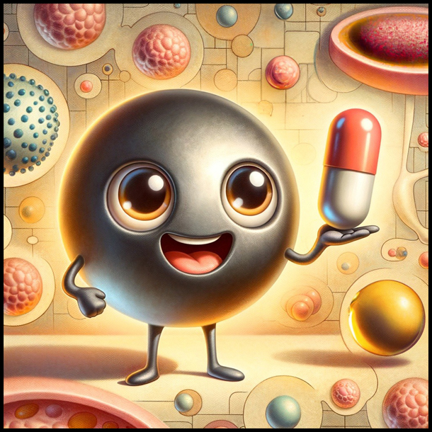 A cartoon character of a silver sphere holding a  red and white pill with images of biological cells and spheres behind it.