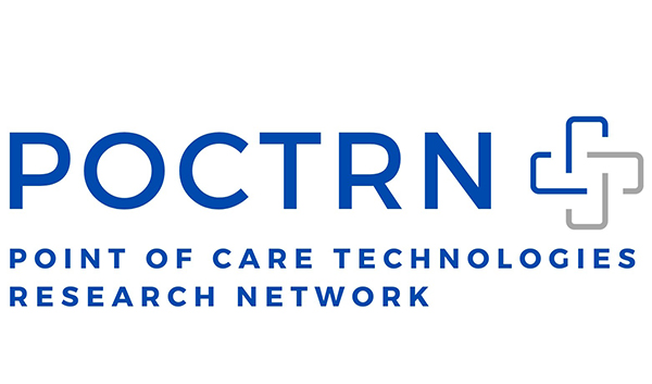 Logo that reads POCTRN followed by a blue and grey outline of a plus sign above spelled out Point of Care Technology Research Network. 