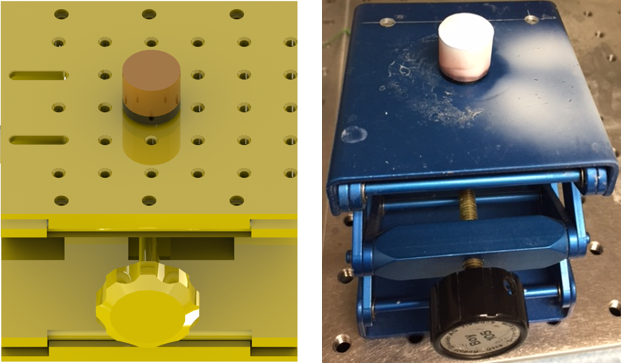 A CAD diagram (yellow) and photo (blue) of the nanofiber collector device.
