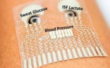 Epidermal patch attached to forearm to monitor blood pressure and metabolites