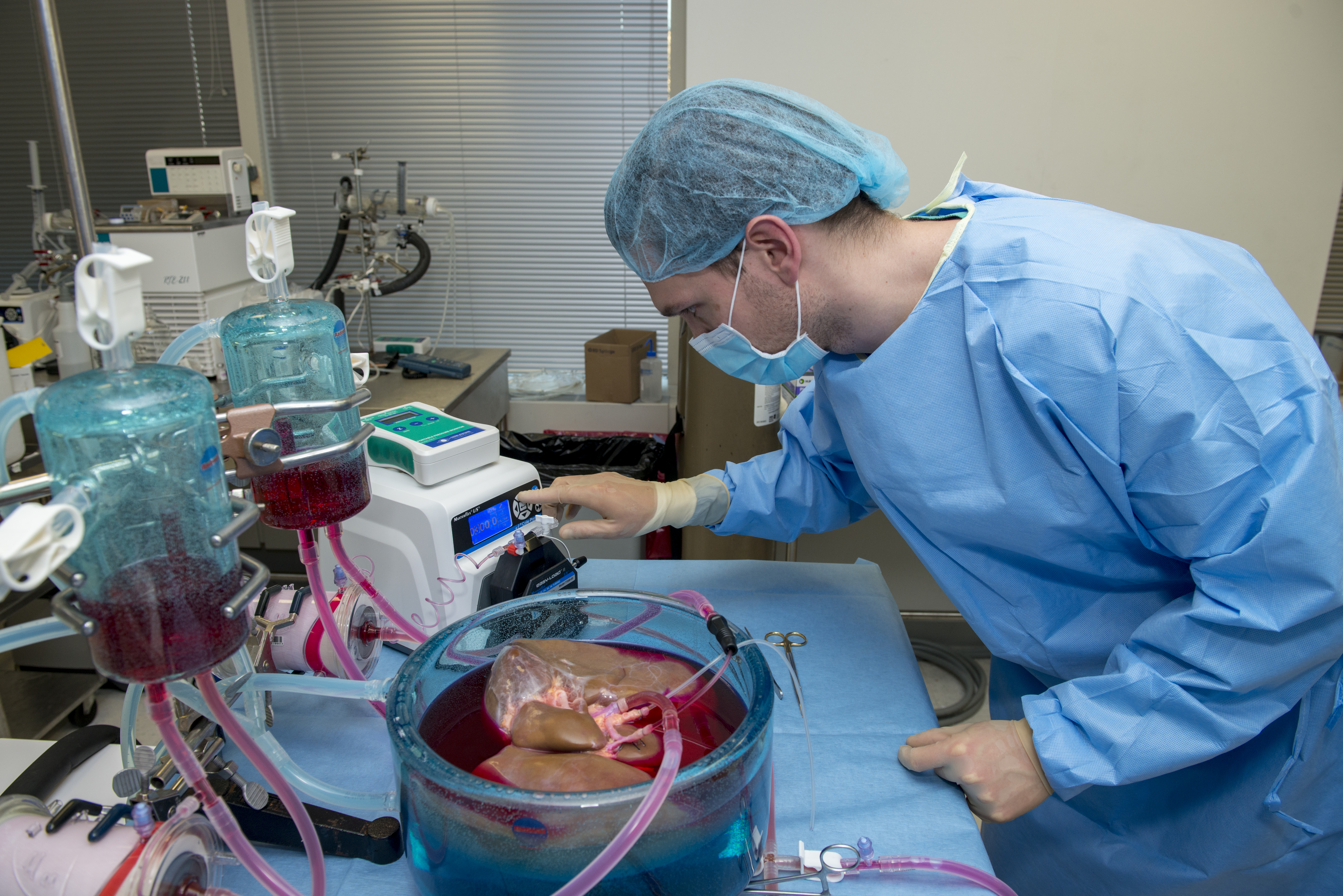 A male researcher bends over a human liver in a large blue vat hooked up to containers with red liquid.
