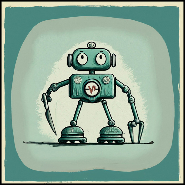 A cartoon of a blue-green robot with a scalpel for one hand and tweezers for another hand. It has large eyes and no mouth and has a light to dark green gradient moving out from the center.